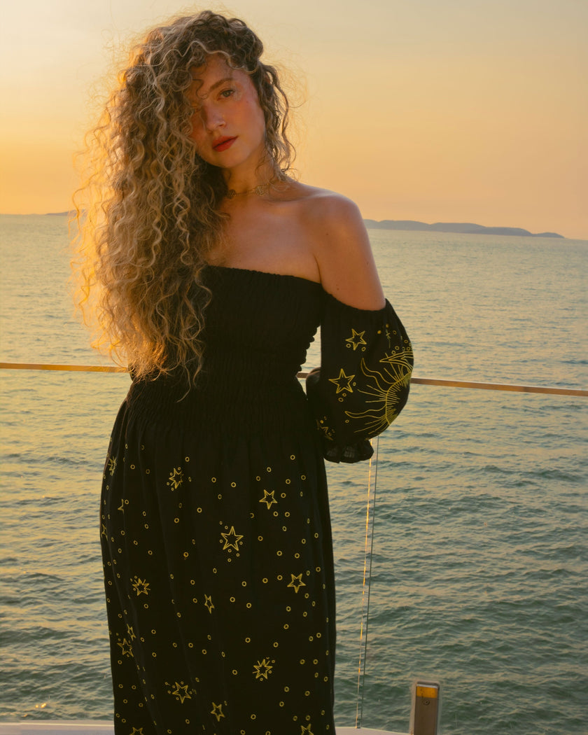 Black Embroidered Linen Dress | ZALXNDRA