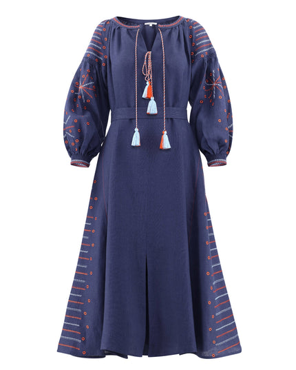 Navy linen kaftan maxi dress with orange and blue geometric embroidery, balloon sleeves, tassel ties, and front slit on flat lay - Zalxndra Resort