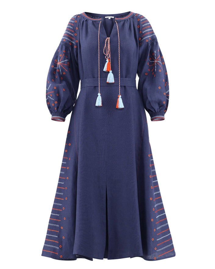 Navy linen kaftan maxi dress with orange and blue geometric embroidery, balloon sleeves, tassel ties, and front slit on flat lay - Zalxndra Resort