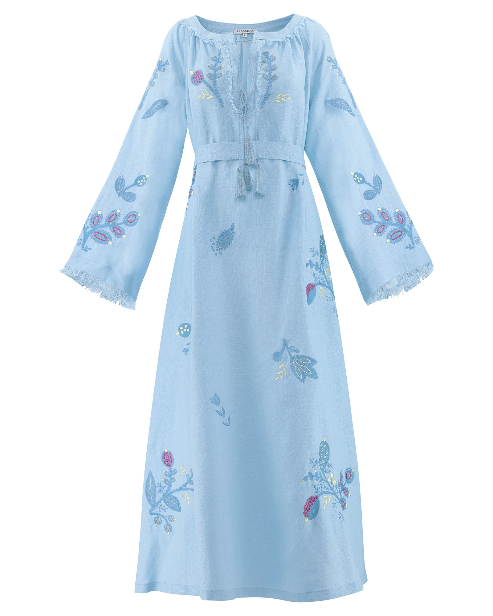 Powder Blue Embroidered Linen Maxi Dress | ZALXNDRA