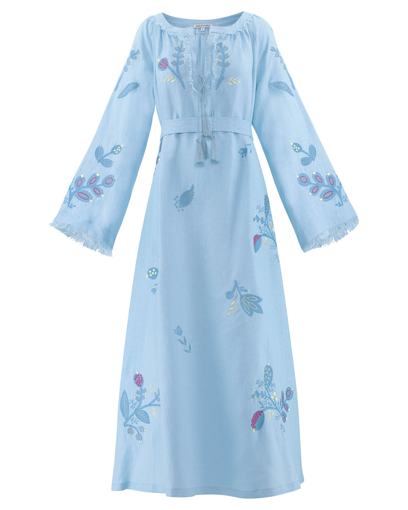 Powder Blue Embroidered Linen Maxi Dress | ZALXNDRA