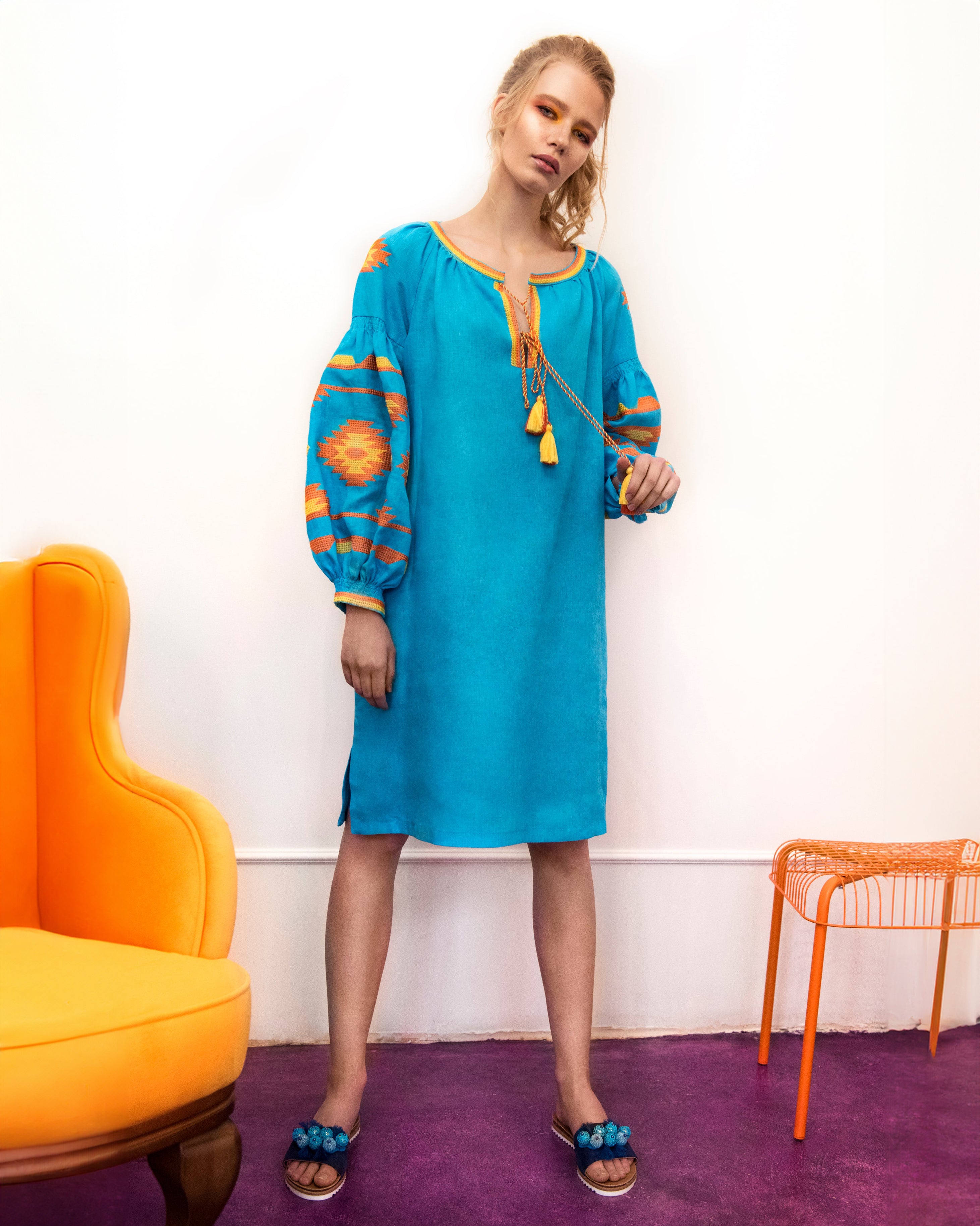 Turquoise Embroidered Linen Tunic Dress | ZALXNDRA