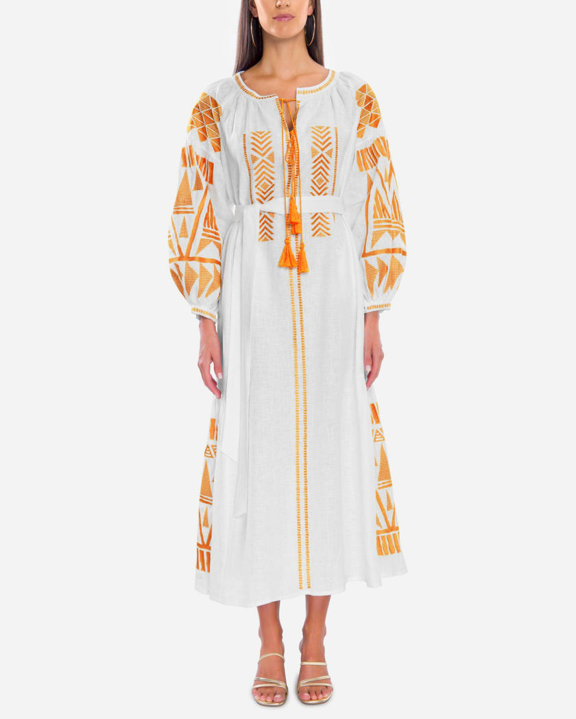 White Embroidered Linen Maxi Dress | ZALXNDRA
