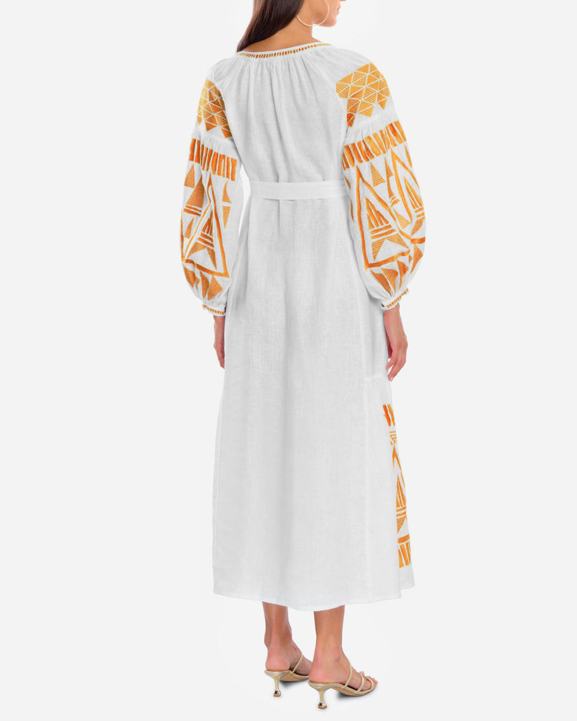 White Embroidered Linen Maxi Dress | ZALXNDRA