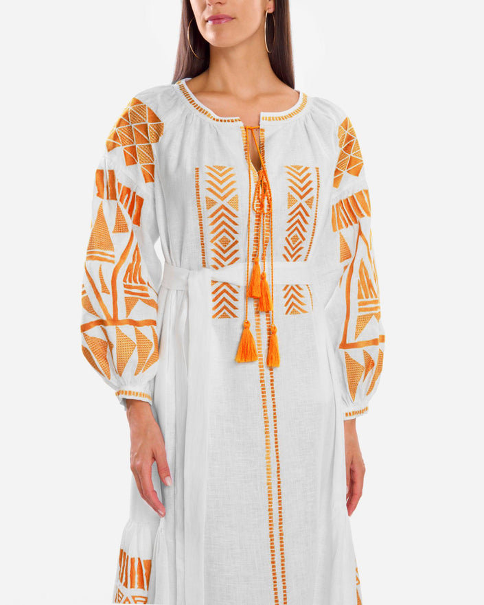 White Embroidered Linen Maxi Dress – Balloon Sleeves | ZALXNDRA