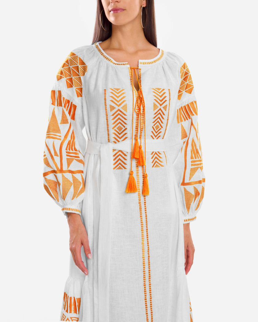 White Embroidered Linen Maxi Dress | ZALXNDRA