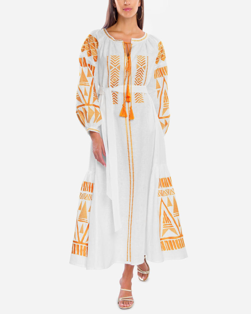 White Embroidered Linen Maxi Dress | ZALXNDRA