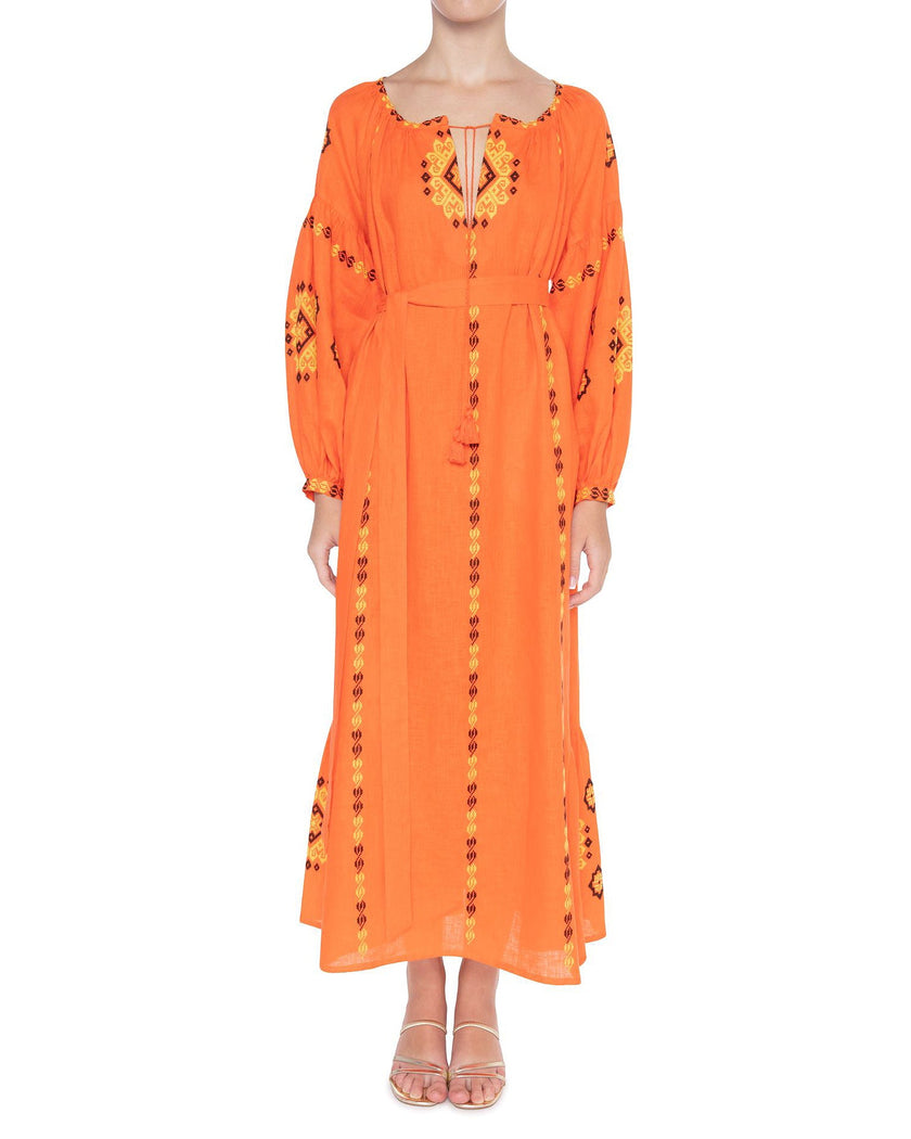 Pumpkin Orange Hand Embroidered Linen Maxi Dress | ZALXNDRA