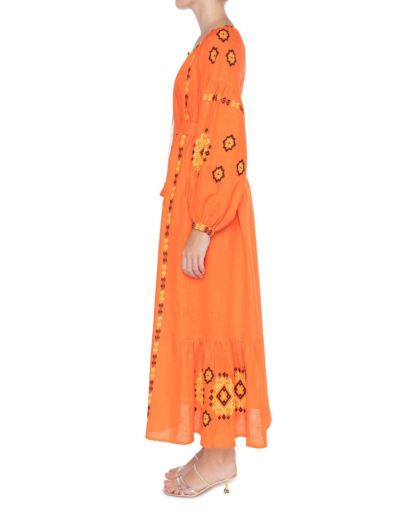 Pumpkin Orange Hand Embroidered Linen Maxi Dress | ZALXNDRA
