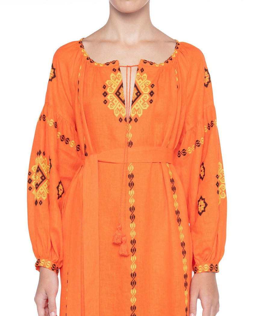 Pumpkin Orange Hand Embroidered Linen Maxi Dress | ZALXNDRA