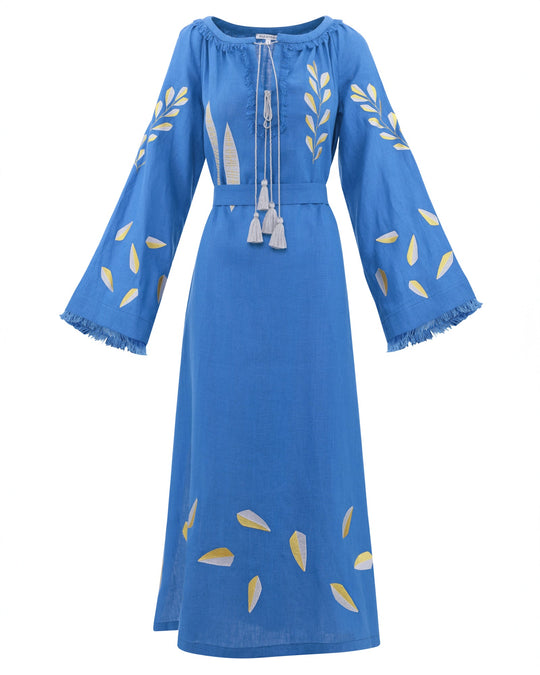 Royal blue linen kaftan maxi dress with gold leaf embroidery, angel sleeves with frayed trim, tassel tie neckline and self-tie belt, front view - Zalxndra Resort
