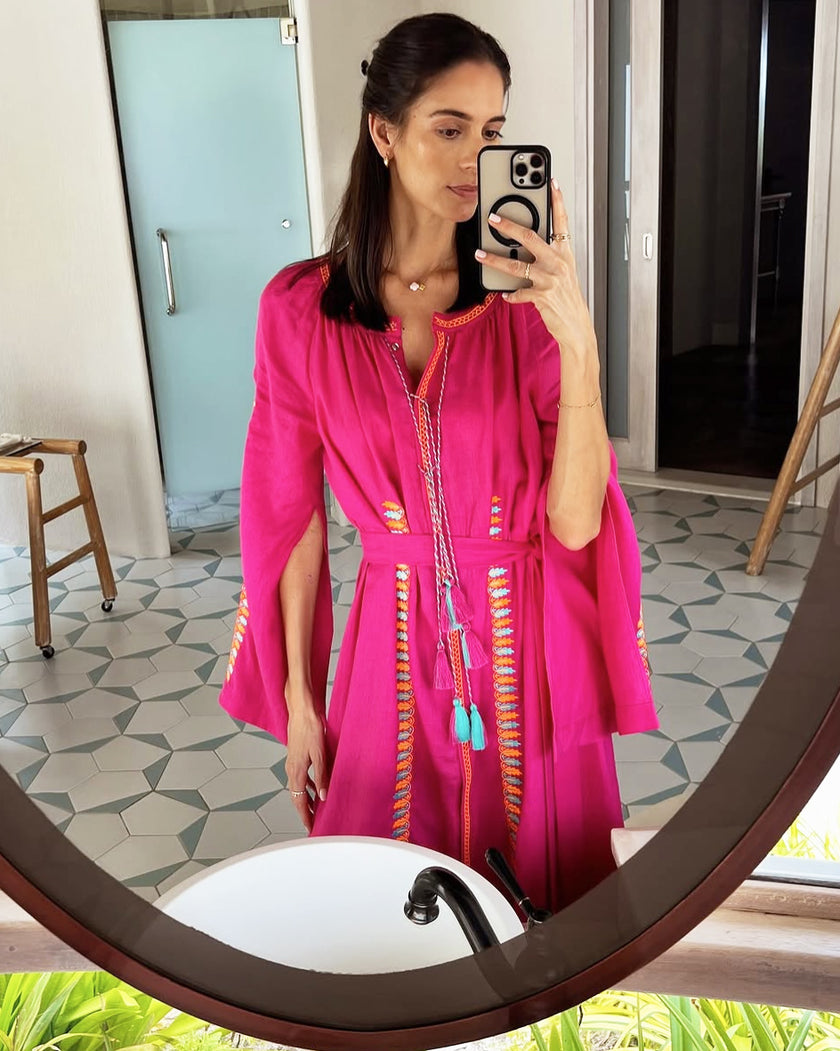 Fuchsia Multi-Color Floral Embroidered Linen Kaftan Maxi Dress