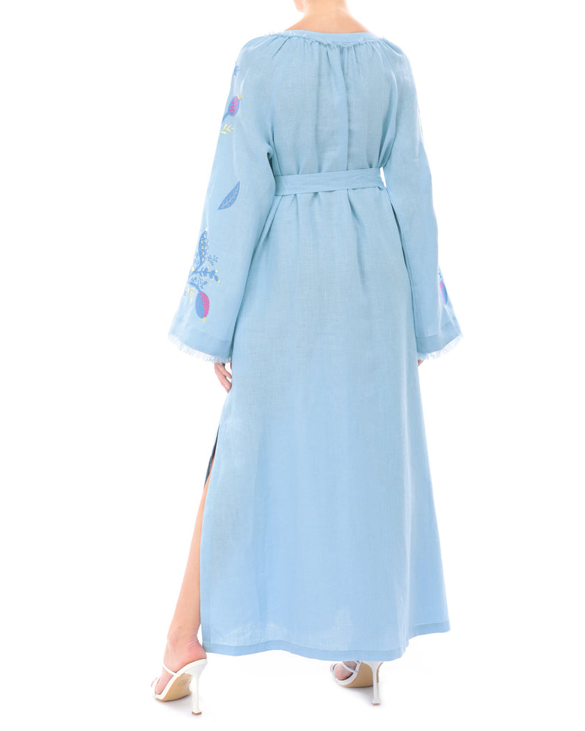 Back view of powder blue linen kaftan maxi dress with floral embroidery, angel sleeves, and side slit - Zalxndra Resort