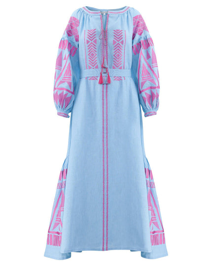 Powder blue linen kaftan maxi dress with pink geometric embroidery, balloon sleeves, tassel tie neckline and self-tie belt, front view - Zalxndra Resort