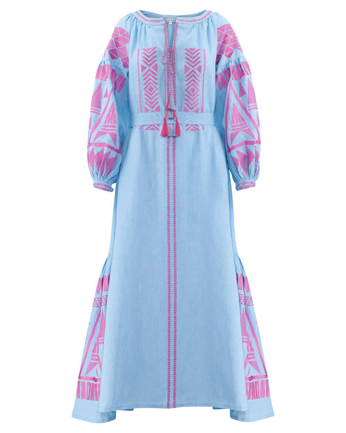 Powder blue linen kaftan maxi dress with pink geometric embroidery, balloon sleeves, tassel tie neckline and self-tie belt, front view - Zalxndra Resort