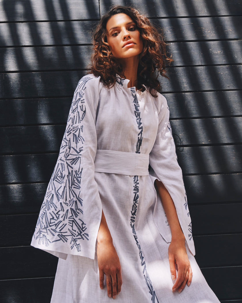 White Embroidered Linen Maxi Dress | ZALXNDRA