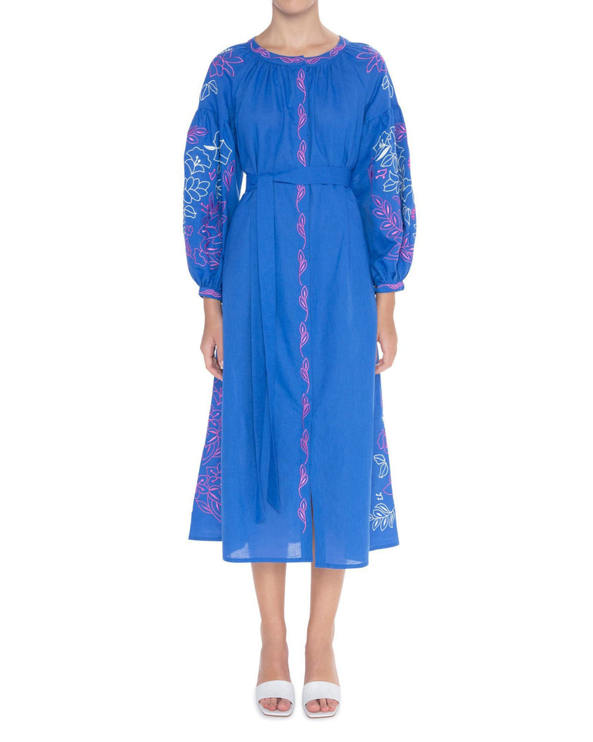 Blue Embroidered Linen Maxi Dress | ZALXNDRA