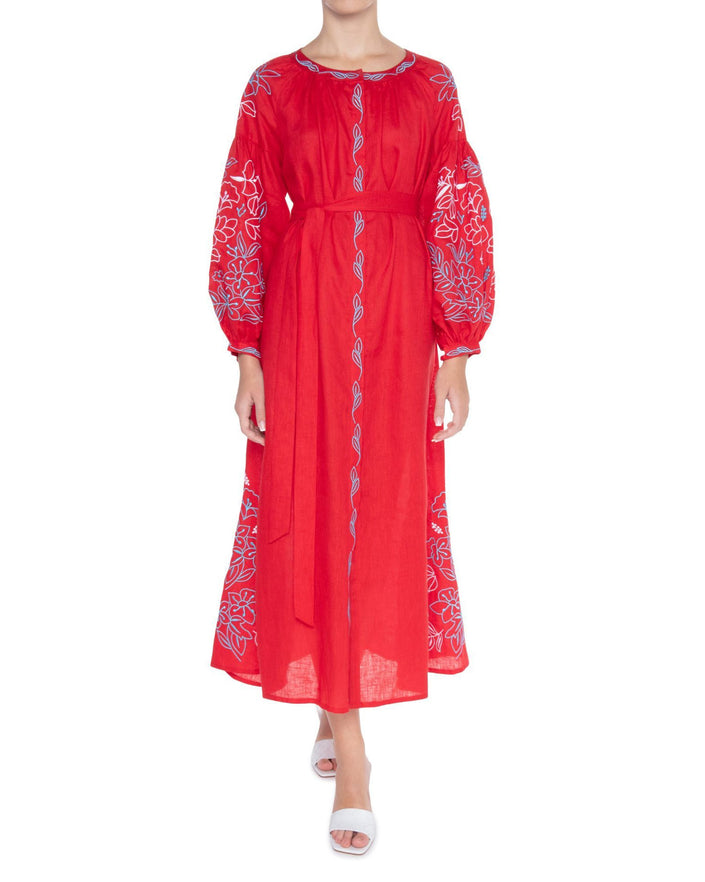Scarlet Red Embroidered Linen Maxi Dress | ZALXNDRA