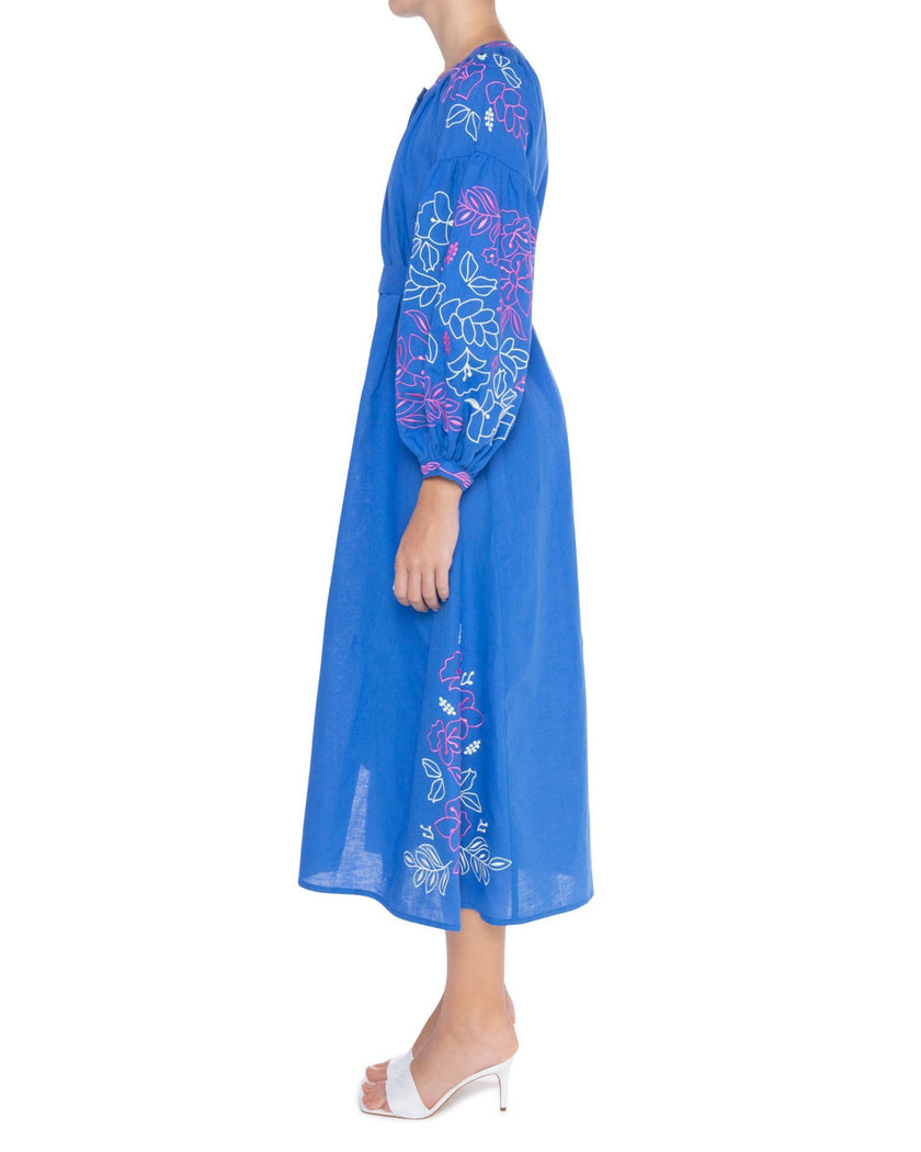 Blue Embroidered Linen Maxi Dress | ZALXNDRA