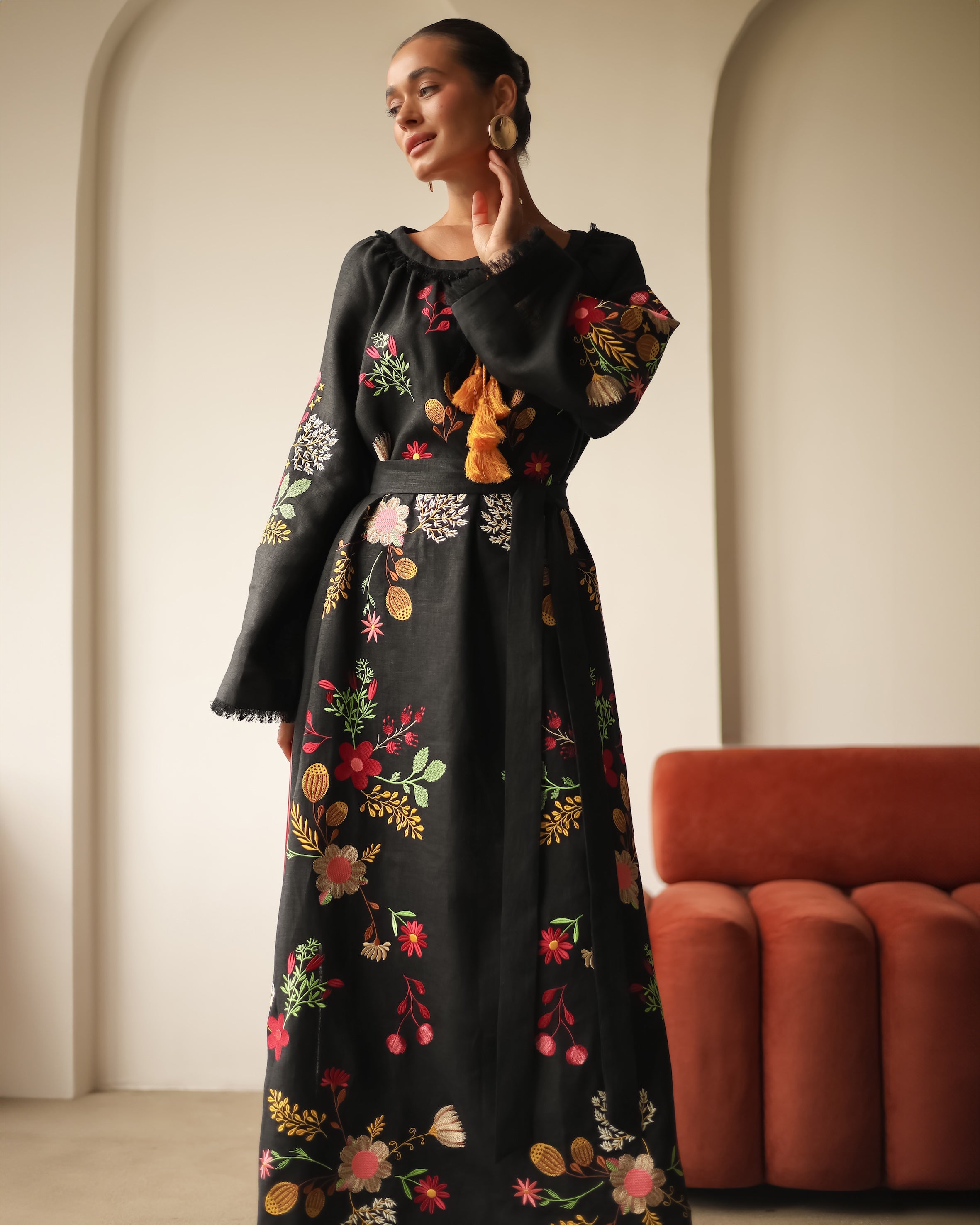 Black Embroidered Linen Maxi Dress | ZALXNDRA