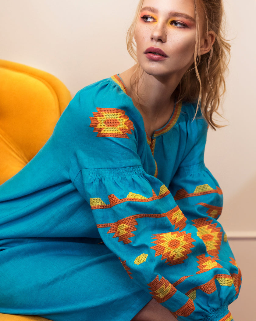 Turquoise Embroidered Linen Tunic Dress | ZALXNDRA