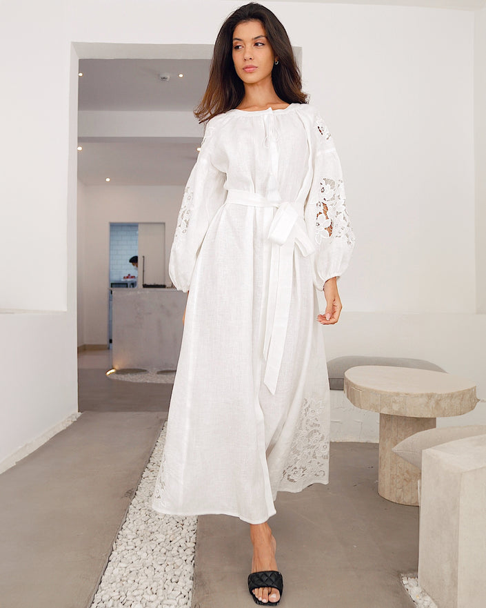 White Hand Cut Embroidered Linen Maxi Dress | ZALXNDRA