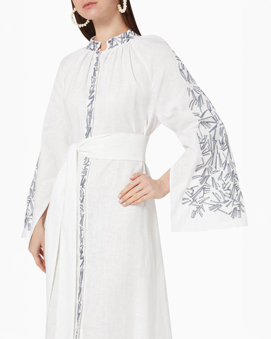 White and Slate Embroidered Linen Kaftan Maxi Dress
