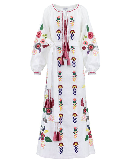 White linen kaftan maxi dress with multicolour folk floral embroidery, balloon sleeves, self-tie belt, and tassel ties, front view - Zalxndra Resort