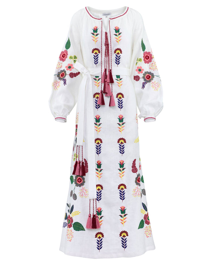 White linen kaftan maxi dress with multicolour folk floral embroidery, balloon sleeves, self-tie belt, and tassel ties, front view - Zalxndra Resort