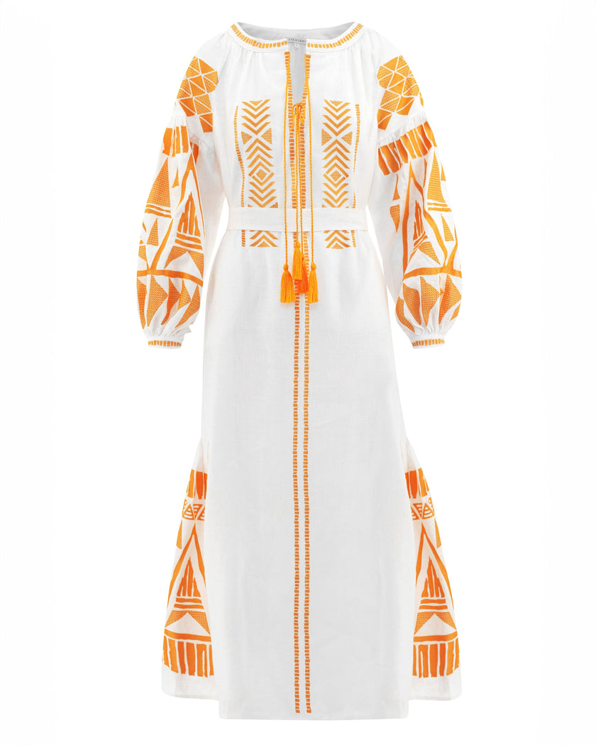 White linen kaftan maxi dress with orange geometric embroidery, balloon sleeves, and tassel ties on flat lay - Zalxndra Resort