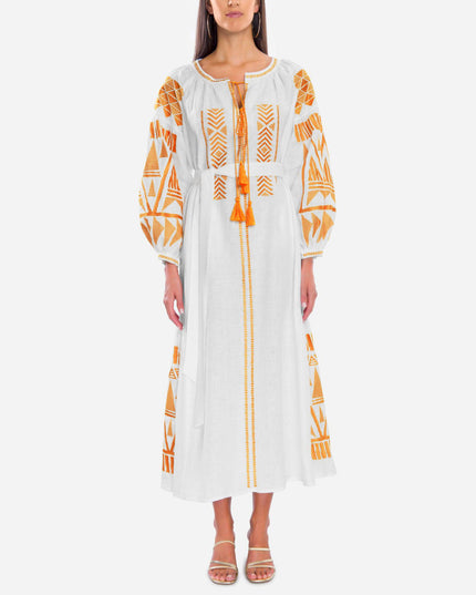 White linen kaftan maxi dress with orange geometric embroidery, balloon sleeves, and tassel tie - Zalxndra Resort