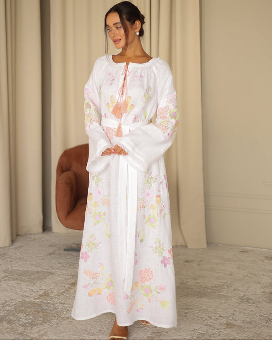 White pastel floral embroidered linen kaftan maxi dress with peach tassel ties — Zalxndra Resort