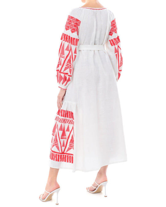White linen kaftan maxi dress with red geometric embroidery, balloon sleeves and self-tie belt, back view - Zalxndra Resort