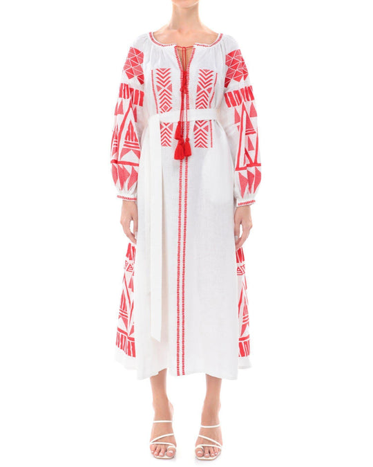 White linen kaftan maxi dress with red geometric embroidery, balloon sleeves, red tassel tie neckline and self-tie belt, front view - Zalxndra Resort