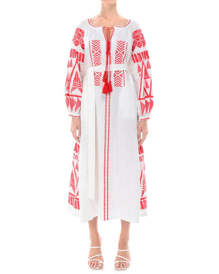 White linen kaftan maxi dress with red geometric embroidery, balloon sleeves, red tassel tie neckline and self-tie belt, front view - Zalxndra Resort