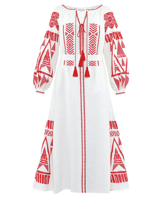 White linen kaftan maxi dress with red geometric embroidery, balloon sleeves, red tassel ties and self-tie belt, full-length view - Zalxndra Resort