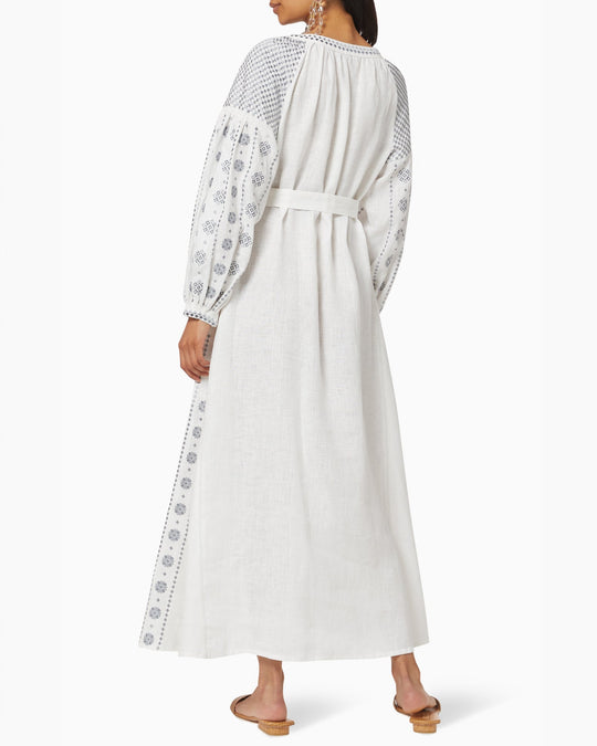 White linen kaftan maxi dress with slate geometric embroidery, balloon sleeves and self-tie belt, back view - Zalxndra Resort