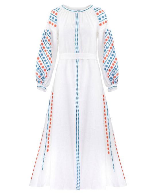 White linen maxi dress with teal and orange geometric embroidery, balloon sleeves and tie waist, front view - Zalxndra Resort