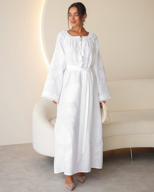 White linen kaftan maxi dress with tonal white floral embroidery and tassel ties - Zalxndra Resort