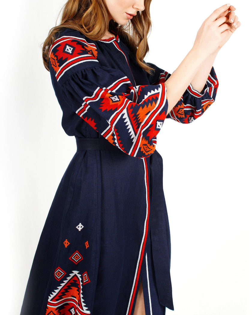 Rhapsody Blue Hand Embroidered Linen Maxi Dress | ZALXNDRA