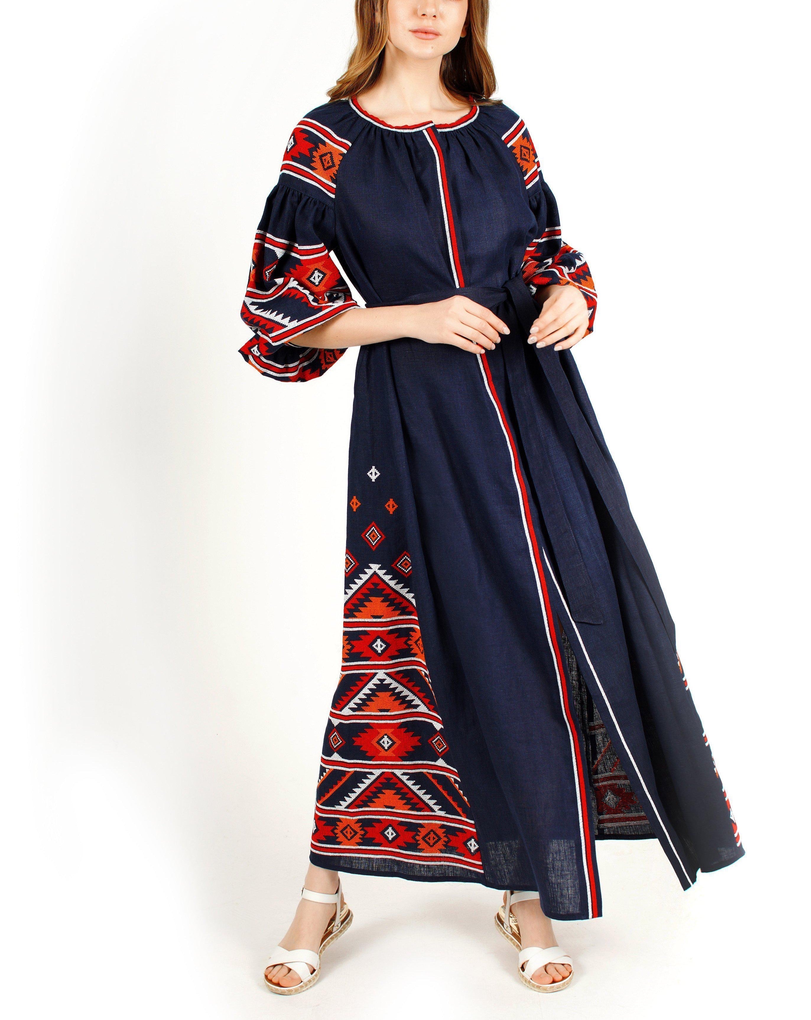 Rhapsody Blue Hand Embroidered Linen Maxi Dress | ZALXNDRA