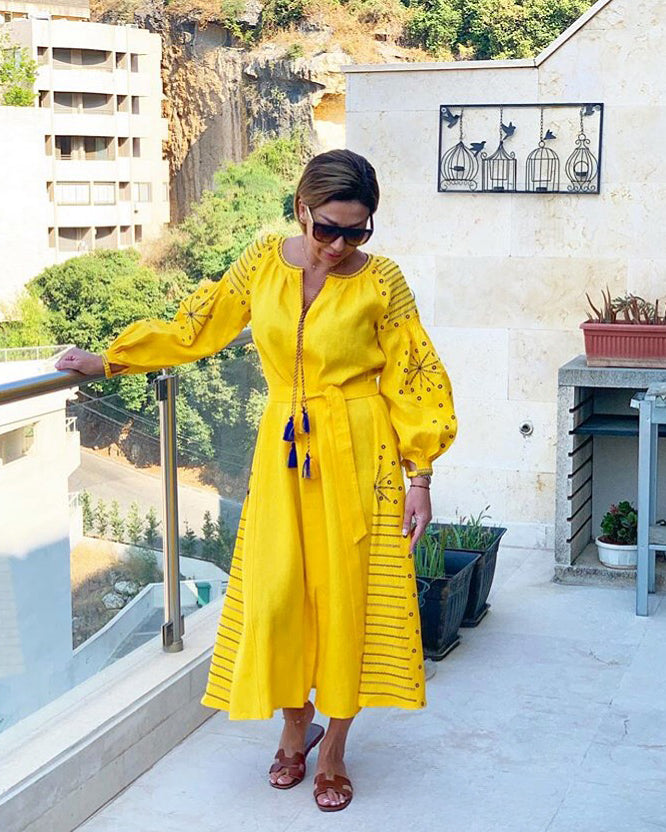 Saffron Yellow Embroidered Linen Maxi Dress | ZALXNDRA