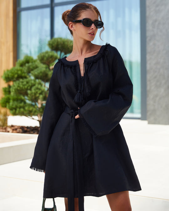 Black Tonal Floral Embroidered Linen Kaftan Mini Dress