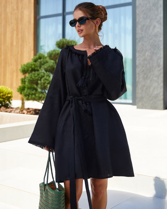 Black Tonal Floral Embroidered Linen Kaftan Mini Dress