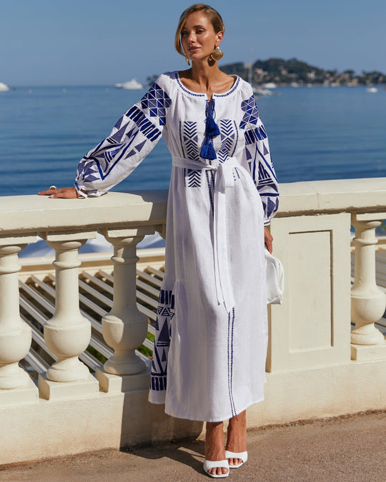 Blue and White Geometric Embroidered Linen Kaftan Maxi Dress