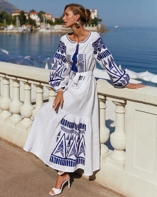 Blue and White Geometric Embroidered Linen Kaftan Maxi Dress