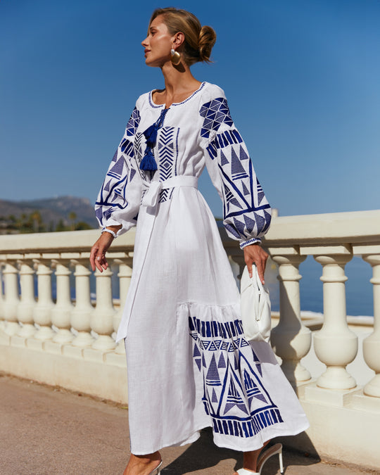 Blue and White Geometric Embroidered Linen Kaftan Maxi Dress