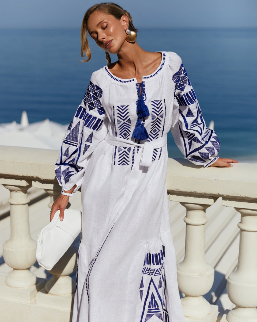 Blue and White Geometric Embroidered Linen Kaftan Maxi Dress L