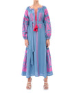 Dark Powder Blue Embroidered Linen Maxi Dress | ZALXNDRA