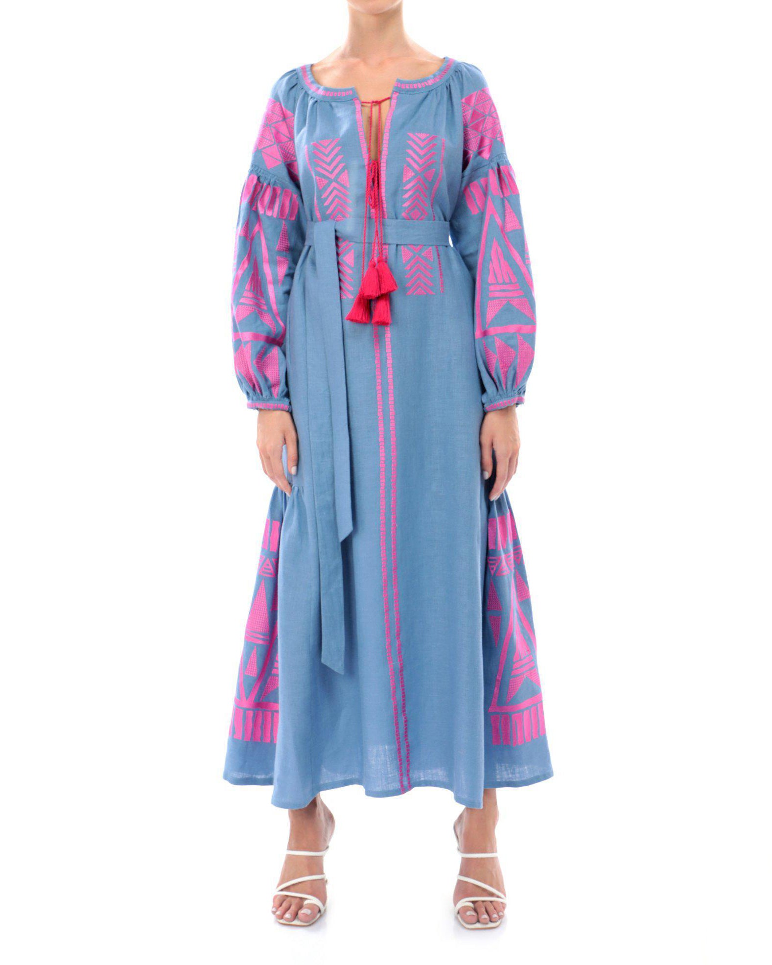 Dark Powder Blue Embroidered Linen Maxi Dress | ZALXNDRA